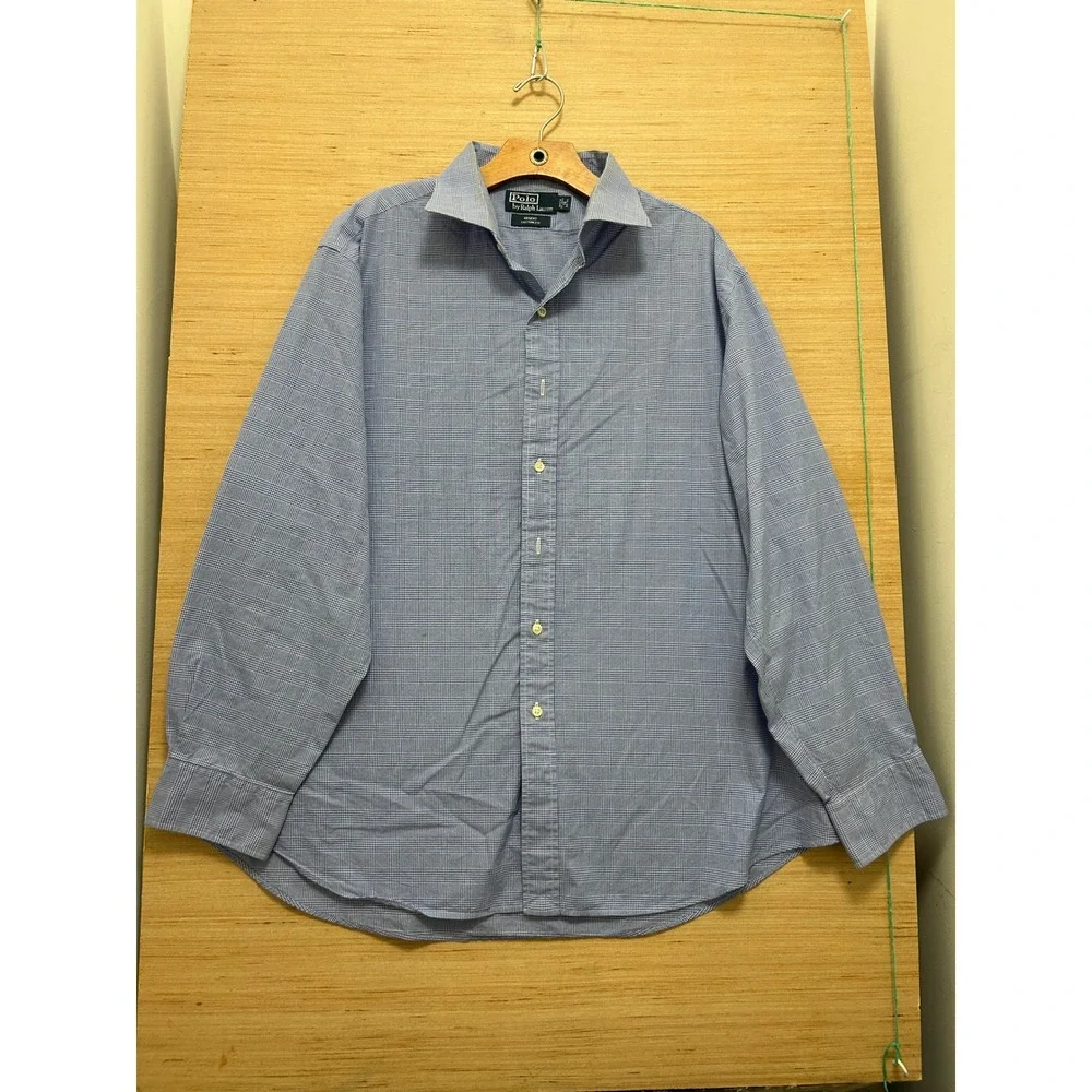Polo Ralph Lauren Regent Custom Fit‎ Blue Micro Check Dress Shirt Mens 18 34/35